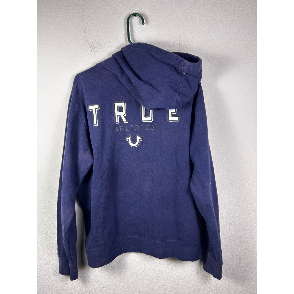 True Religion Mens XL World Tour Zip Up Hoodie Navy Blue Horseshoe Logo Graphic